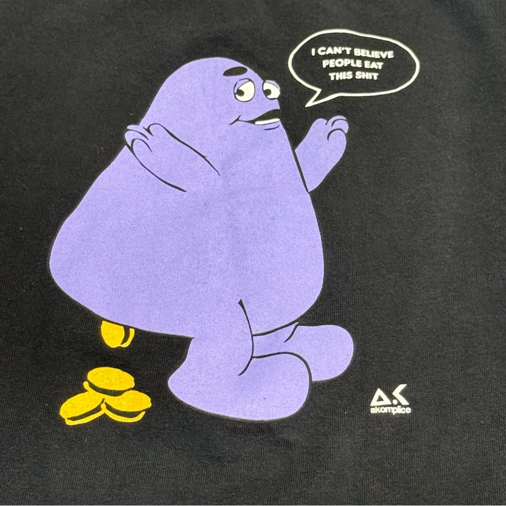 AKOMPLICE GRIMACE T-Shirt Mens Sz L “I can’t Believe…” Purple Foodie Comedy